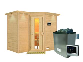 Massivholzsauna Sahib 2 mit isolierter Holztür und Kranz SET mit Ofen 9kW ext. Strg. Easy 2640x1980x2120mm