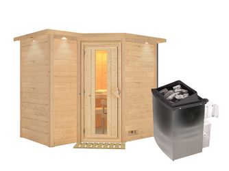 Massivholzsauna Sahib 2 mit isolierter Holztür und Kranz SET mit Ofen 9kW integr. Strg. 2640x1980x2120mm