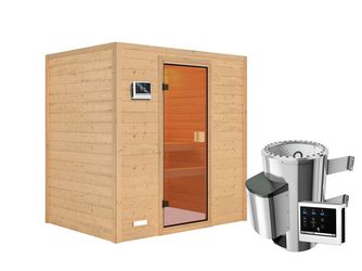 Massivholzsauna Selena mit bronz. Tür SET mit Ofen 3,6kW ext. Strg. Easy 1960x1450x1870mm Massivholzsauna Selena mit bronz. Tür SET mit Ofen 3,6kW ext. Strg. Easy 1960x1450x1870mm