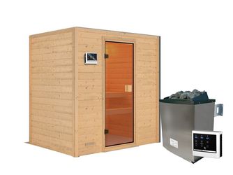 Massivholzsauna Selena mit bronz. Tür SET mit Ofen 9kW ext. Strg. 1960x1450x1870mm