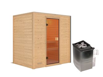 Massivholzsauna Selena mit bronz. Tür SET mit Ofen 9kW integr. Strg. 1960x1450x1870mm Massivholzsauna Selena mit bronz. Tür SET mit Ofen 9kW integr. Strg. 1960x1450x1870mm