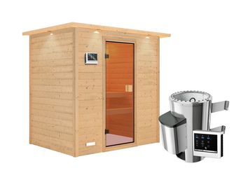 Massivholzsauna Selena mit bronz. Tür und Kranz SET mit Ofen 3,6kW ext. Strg. Easy 2240x1590x1910mm Massivholzsauna Selena mit bronz. Tür und Kranz SET mit Ofen 3,6kW ext. Strg. Easy 2240x1590x1910mm