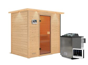 Massivholzsauna Selena mit bronz. Tür und Kranz SET mit Ofen 9kW Bio ext. Strg. 2240x1590x1910mm Massivholzsauna Selena mit bronz. Tür und Kranz SET mit Ofen 9kW Bio ext. Strg. 2240x1590x1910mm