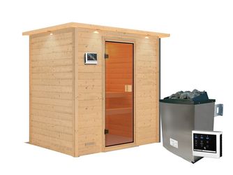 Massivholzsauna Selena mit bronz. Tür und Kranz SET mit Ofen 9kW ext. Strg. 2240x1590x1910mm Massivholzsauna Selena mit bronz. Tür und Kranz SET mit Ofen 9kW ext. Strg. 2240x1590x1910mm