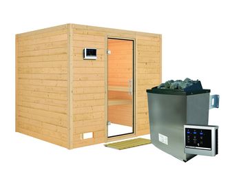 Massivholzsauna Sonara mit Klarglastür SET Ofen 9KW externe Strg easy 2310x1950x2000mm Massivholzsauna Sonara mit Klarglastür SET Ofen 9KW externe Strg easy 2310x1950x2000mm