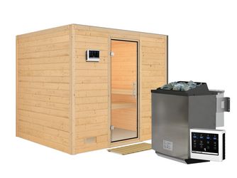 Massivholzsauna Sonara mit Klarglastür SET Ofen 9kW Bio externe Strg easy 2310x1950x2000mm Massivholzsauna Sonara mit Klarglastür SET Ofen 9kW Bio externe Strg easy 2310x1950x2000mm
