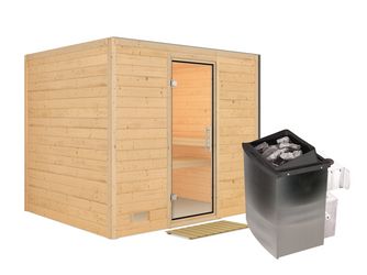 Massivholzsauna Sonara mit Klarglastür SET Ofen 9kW integr. Strg 2310x1950x2000mm Massivholzsauna Sonara mit Klarglastür SET Ofen 9kW integr. Strg 2310x1950x2000mm