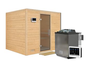 Massivholzsauna Sonara mit Tür graphit SET mit Ofen 9kW Bio ext. Strg. Easy 2310x1950x2000mm Massivholzsauna Sonara mit Tür graphit SET mit Ofen 9kW Bio ext. Strg. Easy 2310x1950x2000mm