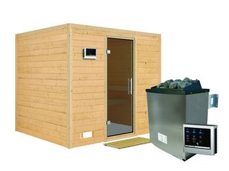 Massivholzsauna Sonara mit Tür graphit SET mit Ofen 9kW ext. Strg. Easy 2310x1950x2000mm Massivholzsauna Sonara mit Tür graphit SET mit Ofen 9kW ext. Strg. Easy 2310x1950x2000mm
