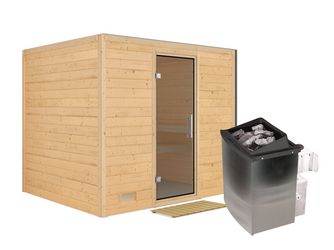 Massivholzsauna Sonara mit Tür graphit SET mit Ofen 9kW integr. Strg. 2310x1950x2000mm Massivholzsauna Sonara mit Tür graphit SET mit Ofen 9kW integr. Strg. 2310x1950x2000mm