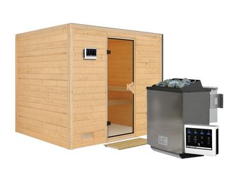Massivholzsauna Sonara mit bronz. Tür SET mit Ofen 9kW Bio Edelstahl ext. Strg. Easy 2310x1950x2000mm Massivholzsauna Sonara mit bronz. Tür SET mit Ofen 9kW Bio Edelstahl ext. Strg. Easy 2310x1950x2000mm