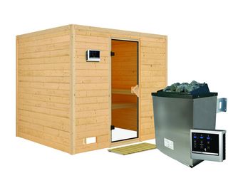 Massivholzsauna Sonara mit bronz. Tür SET mit Ofen 9kW Edelstahl ext. Strg. Easy 2310x1950x2000mm Massivholzsauna Sonara mit bronz. Tür SET mit Ofen 9kW Edelstahl ext. Strg. Easy 2310x1950x2000mm