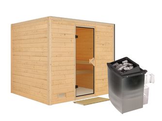 Massivholzsauna Sonara mit bronz. Tür SET mit Ofen 9kW Edelstahl integr. Strg. 2310x1950x2000mm Massivholzsauna Sonara mit bronz. Tür SET mit Ofen 9kW Edelstahl integr. Strg. 2310x1950x2000mm