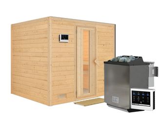 Massivholzsauna Sonara mit isolierter Holztür SET mit Ofen 9kW Bio ext. Strg. Easy 2310x1950x2000mm