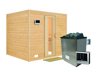 Massivholzsauna Sonara mit isolierter Holztür SET mit Ofen 9kW ext. Strg. Easy 2310x1950x2000mm