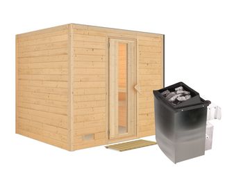 Massivholzsauna Sonara mit isolierter Holztür SET mit Ofen 9kW integr. Strg. 2310x1950x2000mm