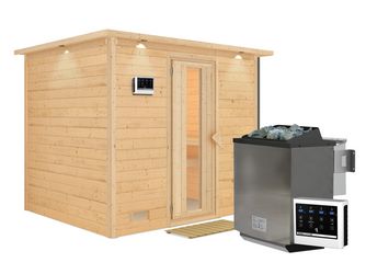 Massivholzsauna Sonara mit isolierter Holztür und Kranz SET mit Ofen 9kW Bio ext. Strg. Easy 2590x2100x2050mm