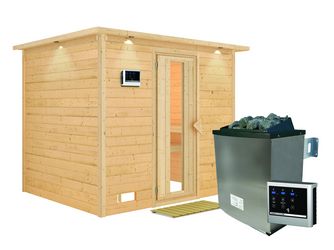 Massivholzsauna Sonara mit isolierter Holztür und Kranz SET mit Ofen 9kW ext. Strg. Easy 2590x2100x2050mm