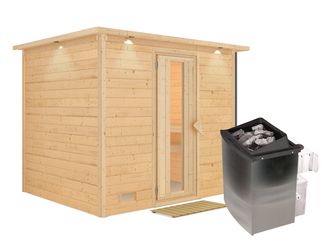 Massivholzsauna Sonara mit isolierter Holztür und Kranz SET mit Ofen 9kW integr. Strg. 2590x2100x2050mm