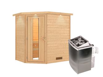 Massivholzsauna Svea mit Energiespartür und Kranz SET mit Ofen 4,5 kW integr. Strg. 2240x1600x2020mm Massivholzsauna Svea mit Energiespartür und Kranz SET mit Ofen 4,5 kW integr. Strg. 2240x1600x2020mm
