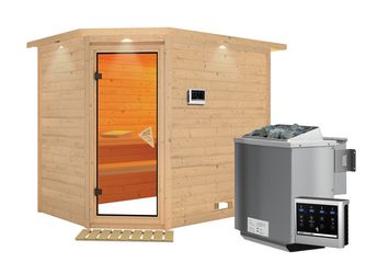 Massivholzsauna Tanami mit Kranz SET mit Ofen 9 kW Bio ext. Strg. Easy Massivholzsauna Tanami mit Kranz SET mit Ofen 9 kW Bio ext. Strg. Easy