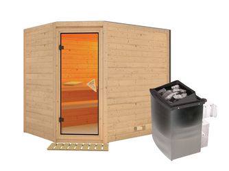 Massivholzsauna Tanami mit bronz. Tür SET Inkl. Ofen 9kW Edelstahl integr. strg 2310x1950x2000mm Massivholzsauna Tanami mit bronz. Tür SET Inkl. Ofen 9kW Edelstahl integr. strg 2310x1950x2000mm