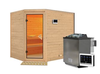 Massivholzsauna Tanami mit bronz. Tür SET mit Ofen 9kW Bio Edelstahl ext. Strg. Easy 2310x1950x2000mm Massivholzsauna Tanami mit bronz. Tür SET mit Ofen 9kW Bio Edelstahl ext. Strg. Easy 2310x1950x2000mm