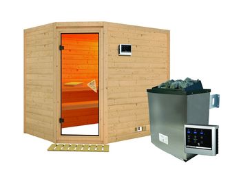 Massivholzsauna Tanami mit bronz. Tür SET mit Ofen 9kW Edelstahl ext. Strg. Easy 2310x1950x2000mm Massivholzsauna Tanami mit bronz. Tür SET mit Ofen 9kW Edelstahl ext. Strg. Easy 2310x1950x2000mm
