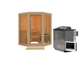 Massivholzsauna Yuma SET mit Ofen 9kW Bio ext. Strg. 1580x1580x2070mm Massivholzsauna Yuma SET mit Ofen 9kW Bio ext. Strg. 1580x1580x2070mm