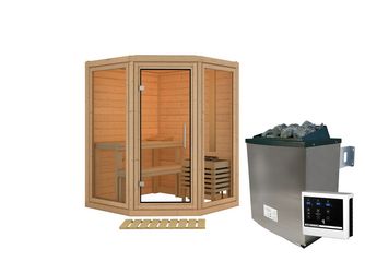Massivholzsauna Yuma SET mit Ofen 9kW ext. Strg. 1580x1580x2070mm Massivholzsauna Yuma SET mit Ofen 9kW ext. Strg. 1580x1580x2070mm