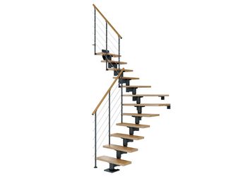 Mittelholmtreppe Cork + Edelstahlgeländer, 11 Stufen Eiche 75cm Treppenl 1/4gewend. Metallkomp anthrazit