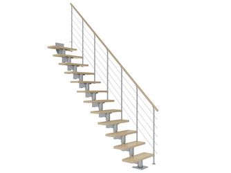 Mittelholmtreppe Cork + Edelstahlgeländer, 12 Stufen Ahorn, 75cm Treppenl gerade Metallkomp perlgrau