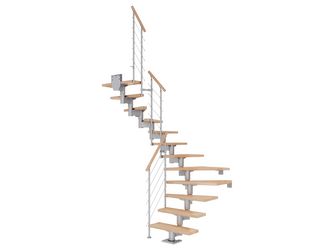Mittelholmtreppe Cork + Edelstahlgeländer, 12 Stufen Buche 75cm Treppenl 1/2gewend. Metallkomp perlgrau