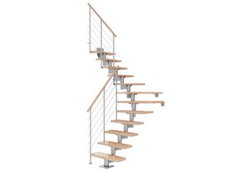 Mittelholmtreppe Cork + Edelstahlgeländer, 12 Stufen Buche 75cm Treppenl 1/4gewend. Metallkomp perlgrau
