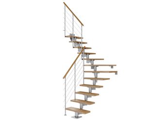 Mittelholmtreppe Cork + Edelstahlgeländer, 12 Stufen Eiche 75cm Treppenl 1/4gewend. Metallkomp perlgrau