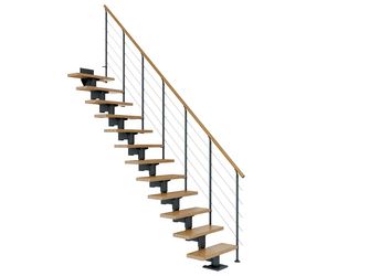 Mittelholmtreppe Cork + Edelstahlgeländer, 12 Stufen Eiche 75cm Treppenl gerade Metallkomp anthrazit
