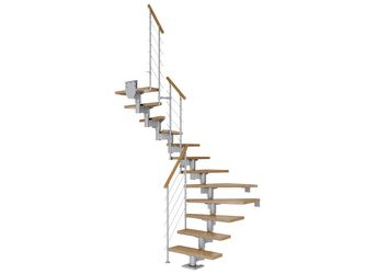 Mittelholmtreppe Cork + Edelstahlgeländer, 13 Stufen Eiche 75cm Treppenl 1/2gewend. Metallkomp perlgrau