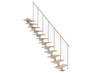 Mittelholmtreppe Cork + Edelstahlgeländer, 14 Stufen Buche 75cm Treppenl gerade Metallkomp perlgrau