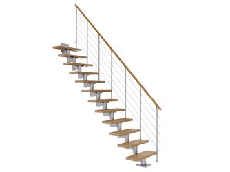 Mittelholmtreppe Cork + Edelstahlgeländer, 14 Stufen Eiche 75cm Treppenl gerade Metallkomp perlgrau
