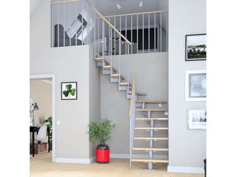 Mittelholmtreppe Cork + Einzelstabgel., 13 Stufen Ahorn, 75cm Treppenl 1/4gewend. Metallkomp perlgrau