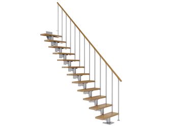 Mittelholmtreppe Cork + Einzelstabgel., 13 Stufen Eiche 75cm Treppenl gerade Metallkomp perlgrau