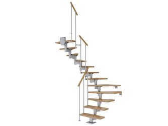 Mittelholmtreppe Cork + Einzelstabgel., 14 Stufen Eiche 75cm Treppenl 1/2gewend. Metallkomp perlgrau