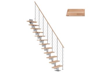 Mittelholmtreppe Dublin + Edelstahlgeländer, 12 Stufen, Buche 65cm Treppenl gerade Metallkomp perlgrau