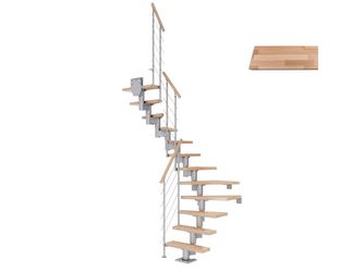 Mittelholmtreppe Dublin + Edelstahlgeländer, 12 Stufen, Buche 75cm Treppenl 1/2gewend. Metallkomp perlgrau