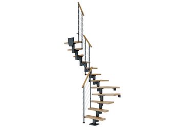 Mittelholmtreppe Dublin + Edelstahlgeländer, 12 Stufen, Eiche 75cm Treppenl 1/2gewend. Metallkomp anthrazit