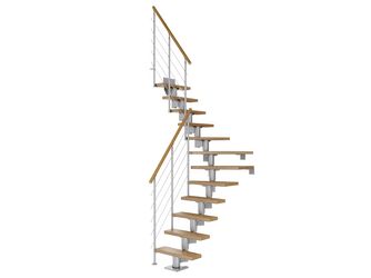 Mittelholmtreppe Dublin + Edelstahlgeländer, 12 Stufen, Eiche 75cm Treppenl 1/4gewend. Metallkomp perlgrau
