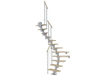 Mittelholmtreppe Dublin + Edelstahlgeländer, 14 Stufen, Ahorn 65cm Treppenl 1/2gewend. Metallkomp perlgrau