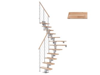 Mittelholmtreppe Dublin + Edelstahlgeländer, 14 Stufen, Buche 65cm Treppenl 1/4gewend. Metallkomp perlgrau