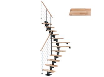 Mittelholmtreppe Dublin + Edelstahlgeländer, 14 Stufen, Buche 75cm Treppenl 1/4gewend. Metallkomp anthrazit
