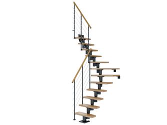 Mittelholmtreppe Dublin + Edelstahlgeländer, 14 Stufen, Eiche 65cm Treppenl 1/4gewend. Metallkomp anthrazit